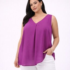 Eloquii Purple V-Neck Pleated High-Low‎ Blouse Plus Size 22 Sleeveless Chiffon